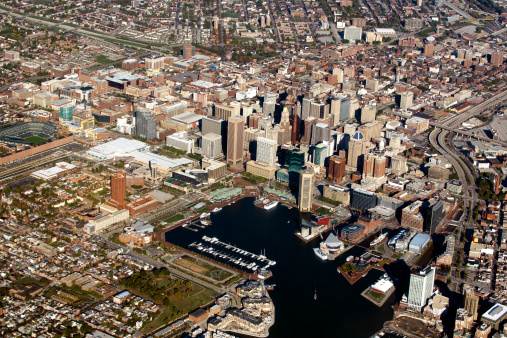 An aerial view of Baltimore Maryland and the Inner Harbour.