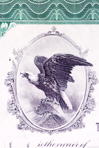 Close-up of a bald eagle on a U.S. Stock certificate issued in 1911.  -  See lightbox for more