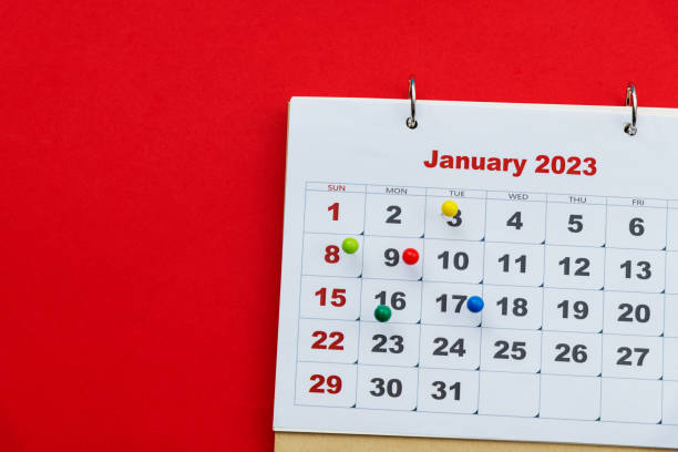 istock Colored pins on 2023 January calendar 1449518603