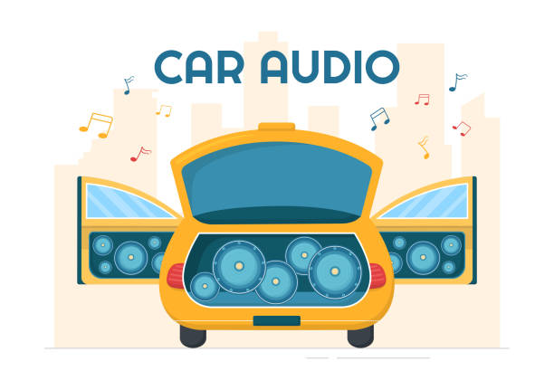 car audio z głośnikami, nagłośnieniem lub muzyką samochód w płaskim kreskówkowym plakacie ręcznie rysowane szablony ilustracja - car stereo stock illustrations