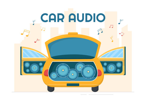 ilustrações de stock, clip art, desenhos animados e ícones de car audio with loud speakers, sound system or music automobile in flat cartoon poster hand drawn templates illustration - car stereo