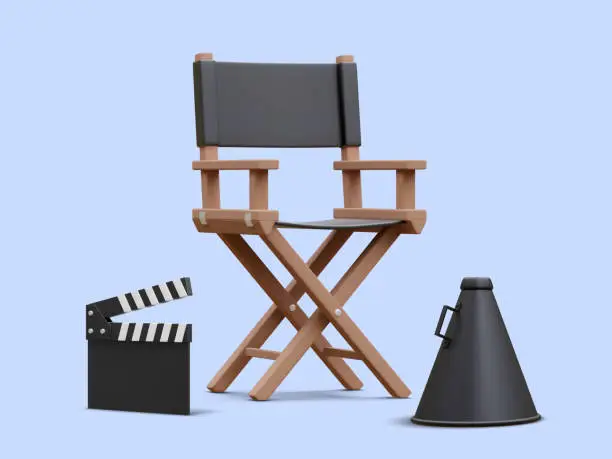 Vector illustration of 3d realistic movie industry concept. Cinema production design concept. Director chair, clapperboard and megaphone on light background. Vector illustration