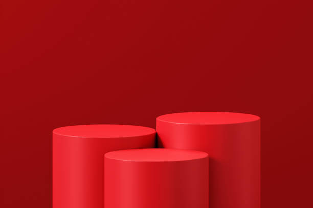 istock Red product podium display 3d background stage with empty presentation pedestal platform studio scene or blank cylinder stand minimal geometric showcase and luxury advertising sale banner backdrop. 1449522716