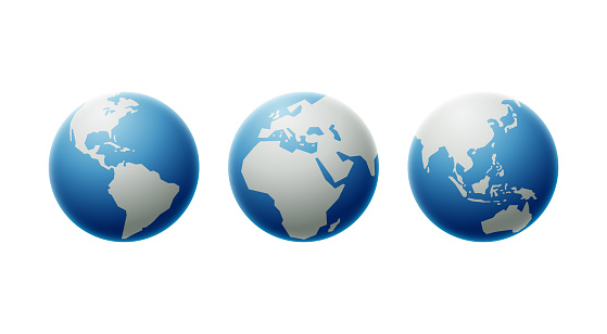 Vector illustration of a set of 3 Earth globes showing North and South America, Europe and Africa and Asia and Australia. Cut out design elements on a transparent background on the vector file.