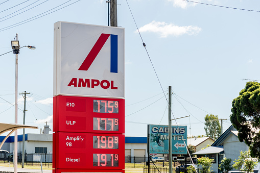 Grafton, Australia - 2022-04-11 Ampol petrol service station display with fuel prices