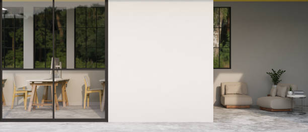 istock Empty white wall mockup with modern minimal office building and office relaxation area. 1449527310