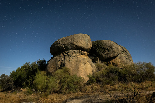 Night landscape in the Barruecos Natural Area. Spain.