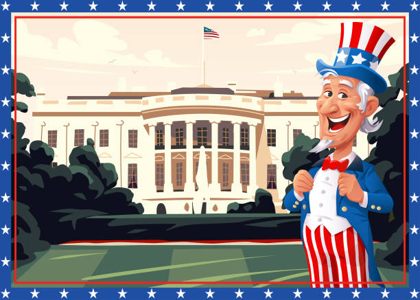 ilustraciones, imágenes clip art, dibujos animados e iconos de stock de tío sam parado frente a la casa blanca - washington dc day white house american flag