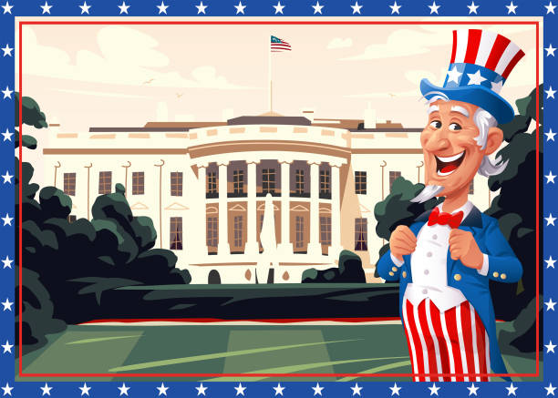 ホワイトハウスの前に立つアンクルサム - washington dc day white house american flag点のイラスト素材／クリップアート素材／マンガ素材／アイコン素材