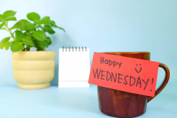 istock Welcome, hello and happy Wednesday concept. Selective focus of coffee cup with red paper note and written message. 1449529082