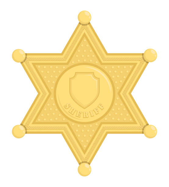 Sheriff star badge. Hexagonal golden symbol of police officer in charge of law enforcement. Cartoon vector isolated on white background Sheriff star badge. Hexagonal golden symbol of police officer in charge of law enforcement. Cartoon vector isolated on white background manhunt law enforcement stock illustrations