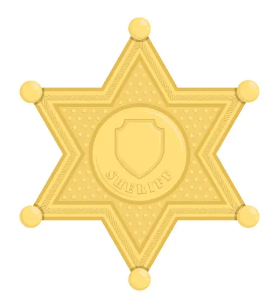 Vector illustration of Sheriff star badge. Hexagonal golden symbol of police officer in charge of law enforcement. Cartoon vector isolated on white background