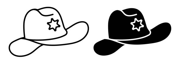 ilustrações, clipart, desenhos animados e ícones de ícone linear, xerife, chapéu de cowboy com ícone de aba dobrada. cocar de cowboy americano ou atirador do oeste selvagem. vetor preto e branco simples isolado no fundo branco - cowboy hat personal accessory equipment headdress