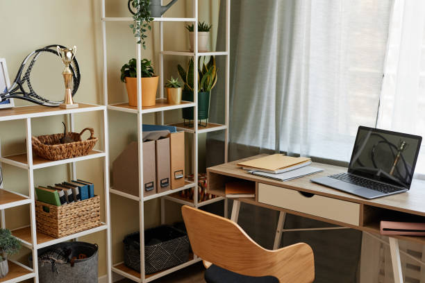 istock Cozy home office workplace with wooden details 1449531514