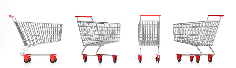 Shopping cart at different angles On White Background. Consumerism Concept.