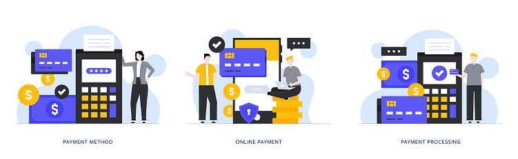 Payment Method, Online Payment, Payment Processing Flat Design Illustrations. A young woman, young men, a smartphone, swiping machine, pos machine, credit cards, US coins, US paper currency, and other design elements are isolated on a white background.