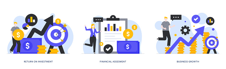 ROI, Assessment, Growth Flat Design Illustrations. young men, a young woman, a clipboard, arrows, coins, paper currencies, dartboards and other design elements are isolated on a white background.