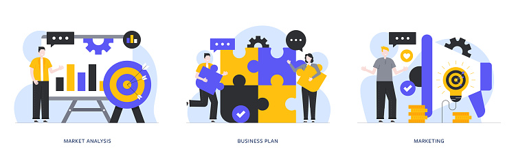 Market Research, Business Plan, Marketing Strategy Flat Design Illustrations. Young men, a young woman, puzzle, whiteboard, megaphone, gears, speech bubbles, light bulb and other design elements are isolated on a white background.