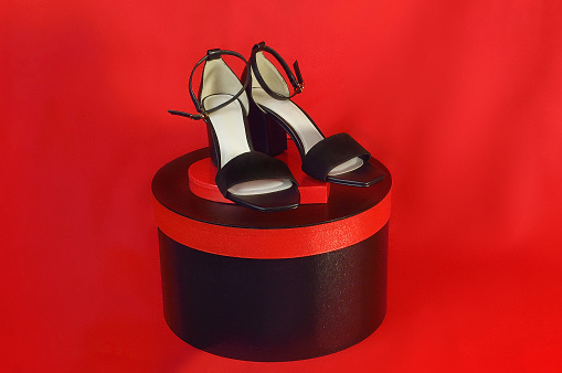 Black Sandal on the Red Background/Studio Shot