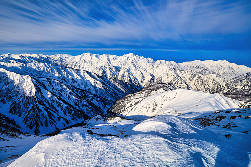 The Snow-capped Mt. Tsurugi and the Tateyama mountain range seen from Mt. Goryu in the Japan Alps