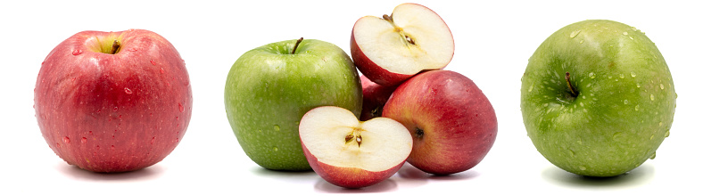 Set of Apple varieties images. Green and red apple isolated on a white background. Clipping Path. Full depth of field. close up