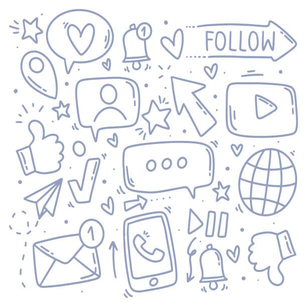 illustrazioni stock, clip art, cartoni animati e icone di tendenza di oggetti vettoriali e simboli sull'elemento dei social media, illustrazione di schizzi doodle. - infographic vector sharing arrow sign