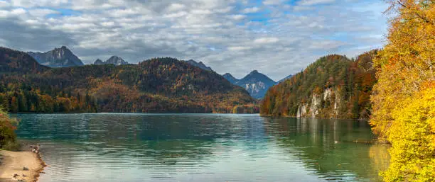 Alpsee Lake, Mountains and Forest,  Bavarian Alps, Hohenschwangau, Füssen, Ostallgäu, Bavaria, Germany, Europe