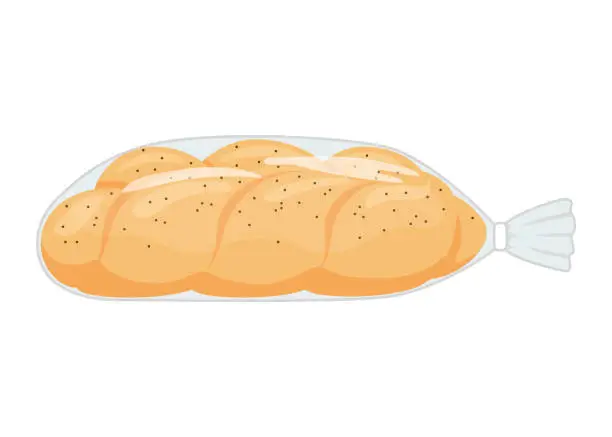 Vector illustration of Challah bread in plastic transparent packaging. Pastry braid bread from wheat in pack bag with clip, bakery food. Loaf with poppy. Vector illustration