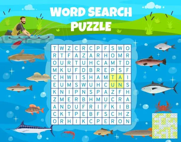 Vector illustration of Word search puzzle with cartoon fisher on fishing