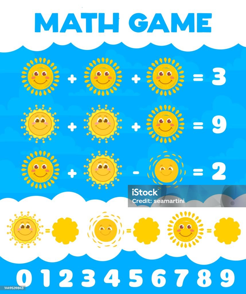 Cartoon Math Sun Math Game Worksheet With Cartoon Sun Characters Stock Illustration ...