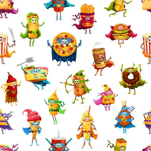 Vector illustration of Cartoon fast food hero personages seamless pattern