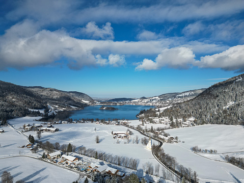 Aerial view on winter landscape at Lake Schliersee in the Alps