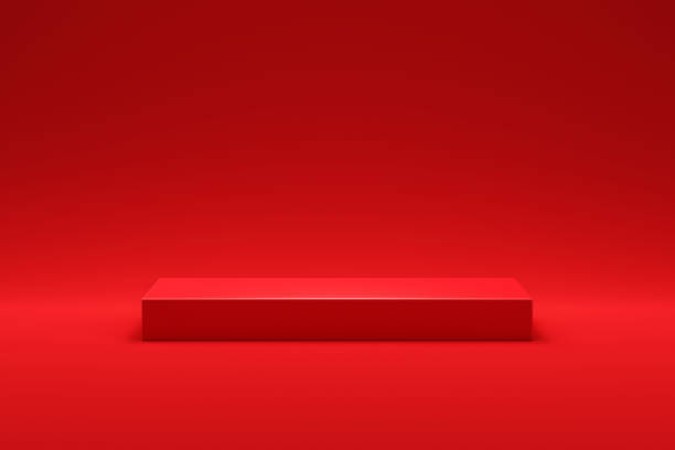 istock Long red table podium 3d background stage with empty presentation show product scene studio pedestal display stand or blank rectangular advertising platform shelf and minimal floor showcase backdrop. 1449541545