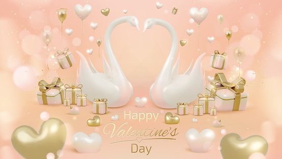 Luxury style valentines day background with 3d swan love couple elements and gold heart with gift box decorations and ribbon with balloons.