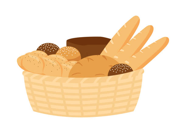 illustrations, cliparts, dessins animés et icônes de panier en osier avec pain pâtissier de blé, grains entiers et seigle, nourriture de boulangerie, petit pain. pain, brique de pain, pain grillé, baguette français, challah. illustration vectorielle - bread bread basket basket whole wheat