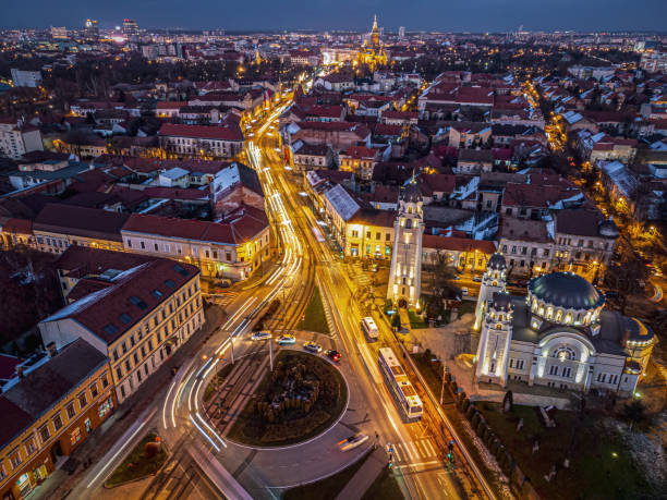 Aerial view of Timisoaras lights and decorations on Sinaia plaza and the Iosefin Orthodox church. Photo taken on 12th of December 2022 in Timisoara, Timis county, Romania.