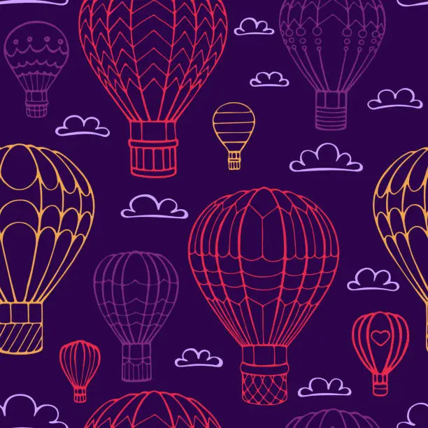 Vector illustration of Seamless pattern hot air balloon and cloud. Hand drawn outline doodle. Vector illustration.