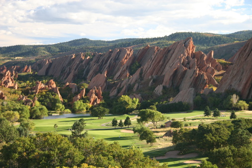 Arrowhead golfcourse in Denver, Colorado with familiar red rock formations.