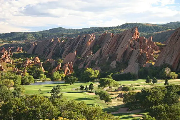 Arrowhead golfcourse in Denver, Colorado with familiar red rock formations.