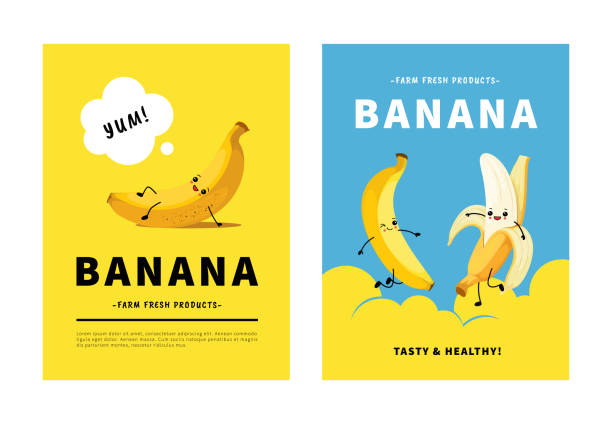바나나 껍질 캐릭터, 재미있는 과일 춤. 행복 한 음식 소녀와 소년, 알몸과 미소, 캐리커처 만화 카드. 간단한 열대 채식 간식. 프로모션 벡터 현대 만화 포스터 - banana bunch yellow healthy lifestyle stock illustrations