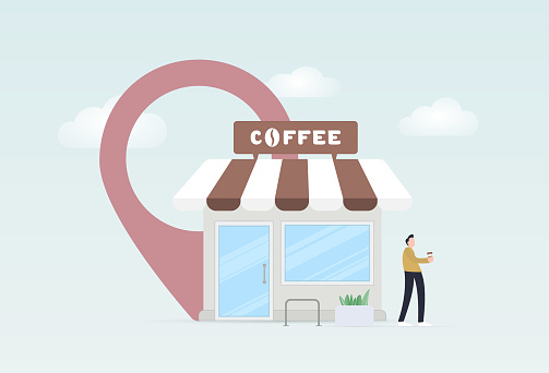 Specialty coffee to go location. Man standing next to grab-and-go cafeteria point and drinking take away coffee from a paper cup. Vector illustration
