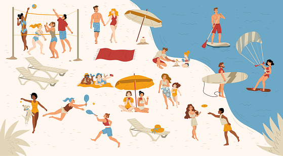 Summer sea beach with people swim on surf and paddle boards, parasailing, play volleyball, tennis and walking. Vector flat illustration of rest and leisure activities on resort vacation