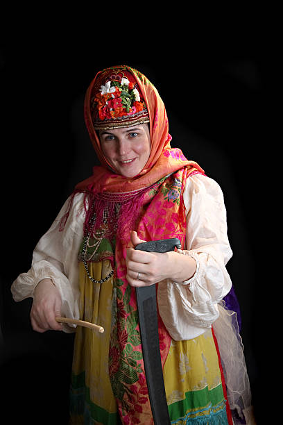 Traditional Russian clothes playing stock photo