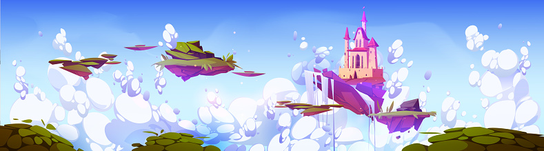 Fantastic pink castle and waterfall flying on island in sky. Cartoon illustration of magic landscape with royal palace and pieces of green land flying in white clouds. Adventure game level platforms