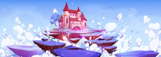 Vector illustration of Winter scene with castle and floating islands