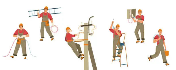 Vector illustration of Electrician worker with tools, ladder and wires