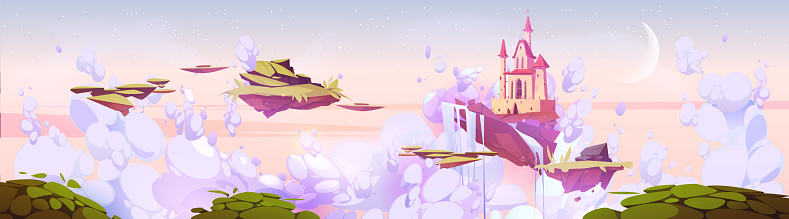 Magic castle on floating island in pink morning sky with fluffy clouds and crescent. Fantasy summer landscape with royal palace on flying ground piece with green grass Cartoon vector illustration