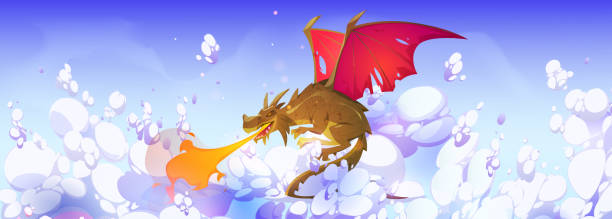 illustrazioni stock, clip art, cartoni animati e icone di tendenza di drago sputafuoco che vola nel cielo - fantasy flying dragon monster