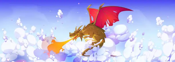 Vector illustration of Fire breathing dragon flying in sky