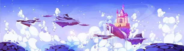 Vector illustration of Winter scene with castle on floating islands